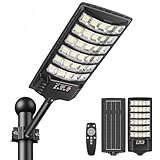 PEAKRO Lampione Solare Led Esterno, IP66 Impermeabile Faro con Pannello Solari, 6000K Lampione Stradale Solare Sensore di Movimento, Lampioni da Giardino Esterno con Telecomando per Garage Strada (1)