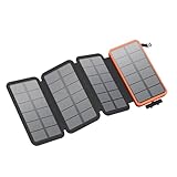 FEELLE Caricatore Solare 25000mAh, Power Bank Solare Batteria Esterna con Doppia Uscita USB 3,0A e 4 Pannelli Solari Pieghevoli Caricatore Portatile per Smartphone, Tablet, Campeggio ecc (Arancio)