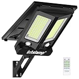 INTELAMP Faretto LED da Esterno Solare 12500mAh 2000LM, Telecomando Faro led Esterno con Pannello Solare con Sensore di Movimento, Luce Bifacciale, Lampione Solare led Esterno, Adatta per Giardino