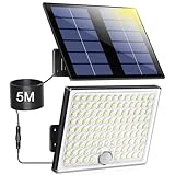 Lampada Solare da Esterno, Faretto Led da Esterno con Sensore di Movimento, Luce Solare Led Esterno con Pannello Solare, 113 LED 2000mAh 4 Modes Lampioni Luci Solari da Giardino con 5M Cavo, 1 Pezzi