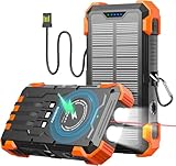 SUDROV Power Bank Solare, Caricabatterie Portatile da 26800 mAh con 4Cavi Integrati, Impermeabile IPX7, Anti-Caduta, IPowerBank Wireless con Torce LED, per Cellulari, Tablet e Campeggio