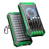 Power Bank Solare 26800mAh con 4 Cavi, Caricabatterie Solare Portatile Wireless Power Bank USB-C 15W Ricarica Rapida 6 Uscite 3 Ingressi per Telefono, Batteria Esterna con Torcia, Moschettone
